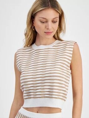 Lucy Paris Women's Hampton Striped Knit White & Biege Medium Cropped Stretch Top